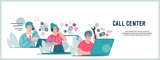 Call center banner layout with friendly staff consult customers. Telemarketing and customer support. Hotline operators, flat vector illustration.
