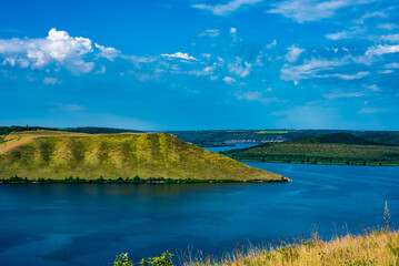 Landscape of beautiful River Dnister with Rocky Mountains in Bakota, Ukraine. Summer Travel serene minimalistic view . 