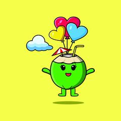 Cute cartoon Young coconut mascot is skydiving with balloon and happy gesture cute modern style design 