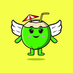 Cute cartoon Young coconut character wearing wings in modern style design 