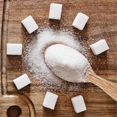 The wooden spoon full of granulated sugar and sugar cubes around on wooden background.