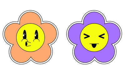 Retro emoji flower faces, trendy psychedelics design vector illustration set