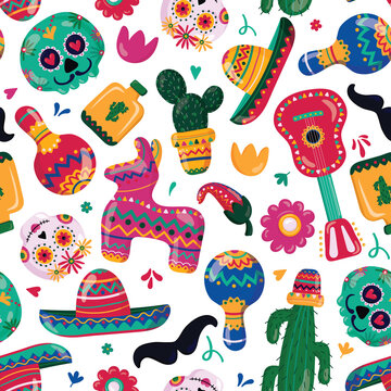 Viva Mexico seamless pattern on white background. Cinco de Mayo is a Mexican holiday. Symbols of Mexican culture. Guitar, sombrero, maracas, cactus and jalapeno, pi ata. Vector illustration.