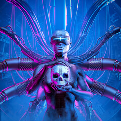 Lair of the spider - 3D illustration of science fiction masked female cyborg holding robot human skull - 497258425
