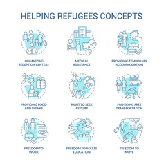 Helping refugees turquoise concept icons set. International asylum seekers assistance idea thin line color illustrations. Isolated symbols. Editable stroke. Roboto-Medium, Myriad Pro-Bold fonts used