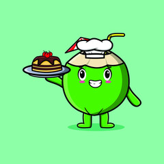 Cute Cartoon chef Young coconut character serving cake on tray cute style design in 3d cartoon style concept