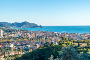 view of the Lavagna town and the Tigullio Gulf from the hill, Chiavari, Ligury, Italy - obrazy, fototapety, plakaty