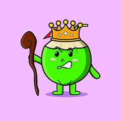 Cute cartoon Young coconut mascot as wise king with golden crown and wooden stick