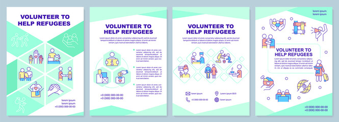 Fototapeta na wymiar Volunteer to help refugees brochure template. Charity and care. Leaflet design with linear icons. 4 vector layouts for presentation, annual reports. Arial-Black, Myriad Pro-Regular fonts used