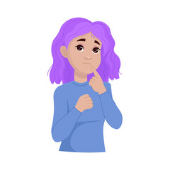 a pretty girl with purple hair, looking away, thinking and doubting something