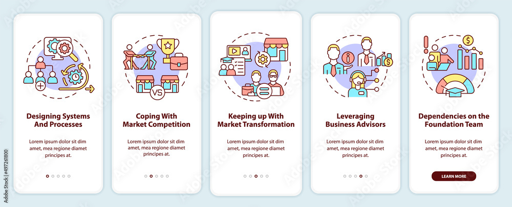 Poster business strategy problems onboarding mobile app screen. designing system walkthrough 5 steps graphi