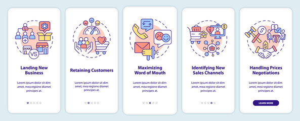 Business sales problems onboarding mobile app screen. Landing new startup walkthrough 5 steps graphic instructions pages with linear concepts. UI, UX, GUI template. Myriad Pro-Bold, Regular fonts used