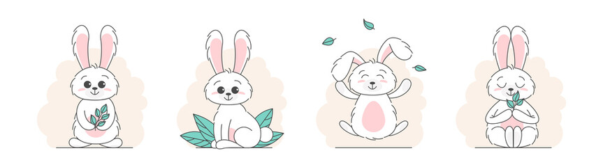 Set of Cute bunnys, baby and children concept. Happy easter rabbits different poses cartoon characters. Card with Cute bunny. Bunny with floral leafs. Design for baby, kids poster, card, invitaton.