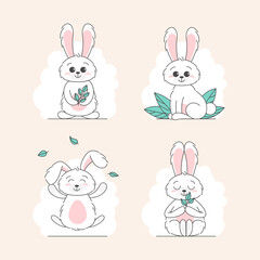 Set of Cute bunnys, baby and children concept. Happy easter rabbits different poses cartoon characters. Card with Cute bunny. Bunny with floral leafs. Design for baby, kids poster, card, invitaton.