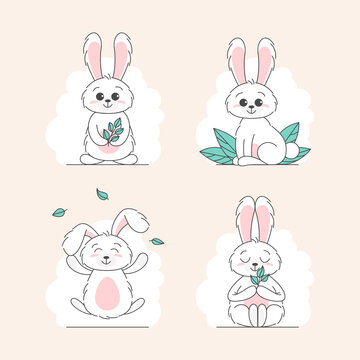 Set of Cute bunnys, baby and children concept. Happy easter rabbits different poses cartoon characters. Card with Cute bunny. Bunny with floral leafs. Design for baby, kids poster, card, invitaton.