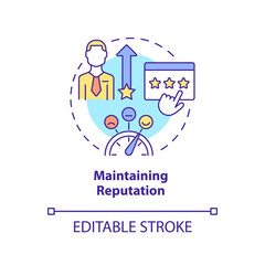 Maintaining reputation concept icon. Basic problem of startup abstract idea thin line illustration. Positive reviews. Isolated outline drawing. Editable stroke. Arial, Myriad Pro-Bold fonts used