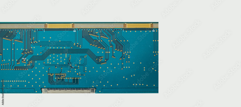 Poster closeup of an electronic motherboard and isometric processor and microchip