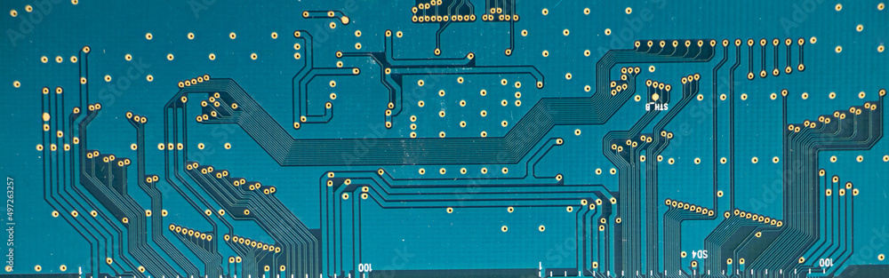 Poster closeup of an electronic motherboard and isometric processor and microchip