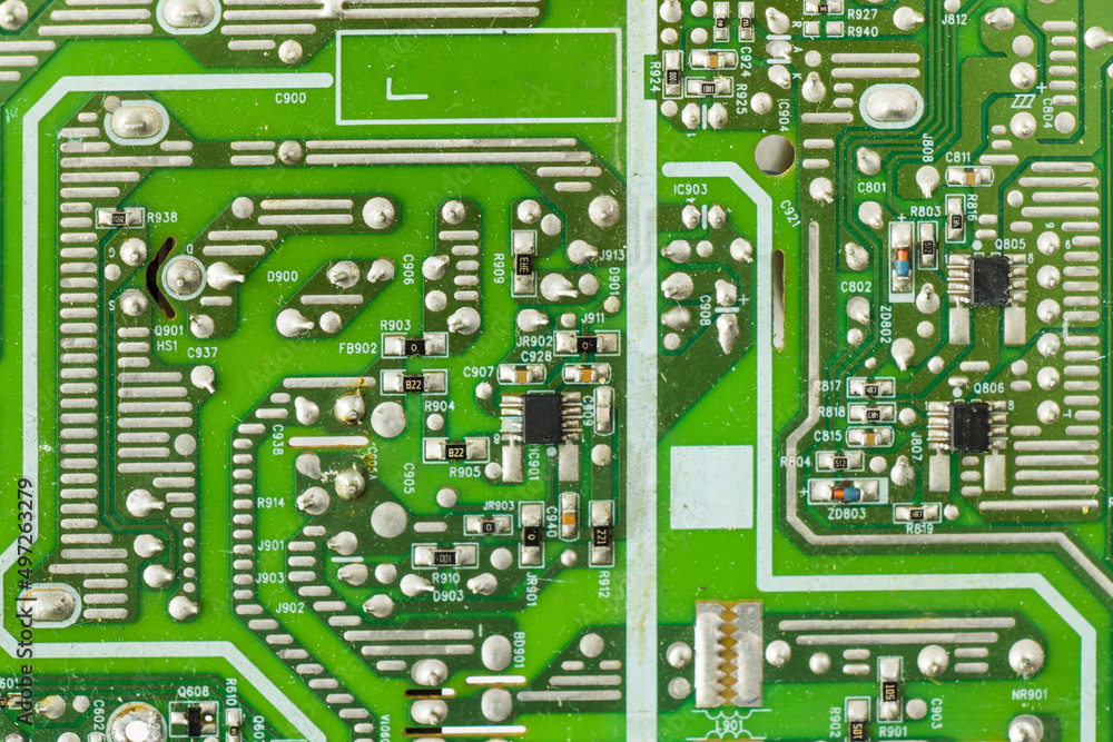 Poster closeup of an electronic motherboard and isometric processor and microchip