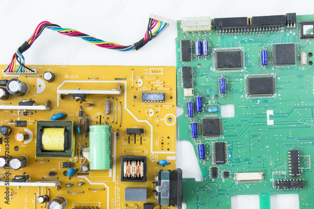 Poster closeup of an electronic motherboard and isometric processor and microchip