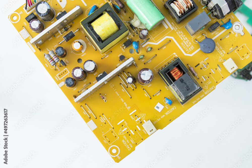 Poster closeup of an electronic motherboard and isometric processor and microchip