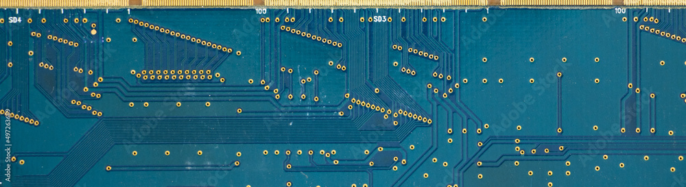 Poster closeup of an electronic motherboard and isometric processor and microchip