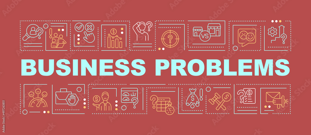 Poster common business issues word concepts red banner. entrepreneur challenges. infographics with icons on