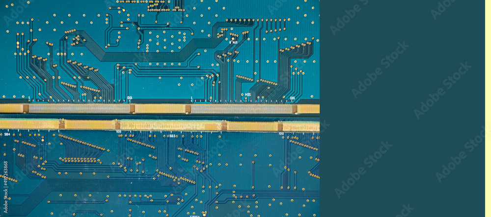 Poster closeup of an electronic motherboard and isometric processor and microchip