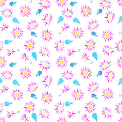 Small Neon Colored Daisies and Blue Leaves Summer Vector Seamless Pattern