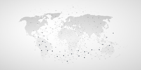 Black and White Modern Style Global Networks, Worldwide Network Connections - Information Technology Concept Design with Connected Nodes, Geometric Polygonal Mesh and World Map - Vector Template