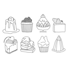 Hand drawn vector illustration of cake and dessert on white background