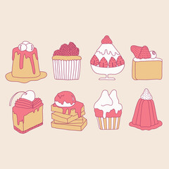 Hand drawn dessert and cake collection in doodle art style in pastel tone