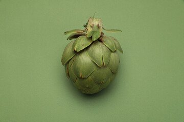 Fresh raw artichoke on green background. Raw vegetarian food.