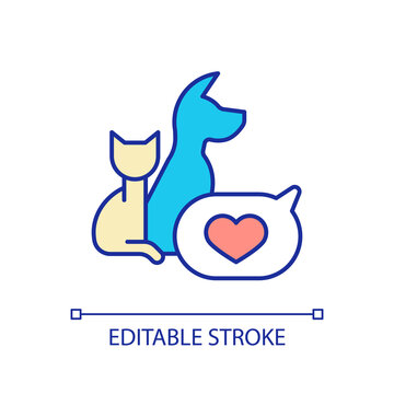 Taking care of pets RGB color icon. Cat, dog and heart in speech bubble. Loving companion animals. Isolated vector illustration. Simple filled line drawing. Editable stroke. Arial font used