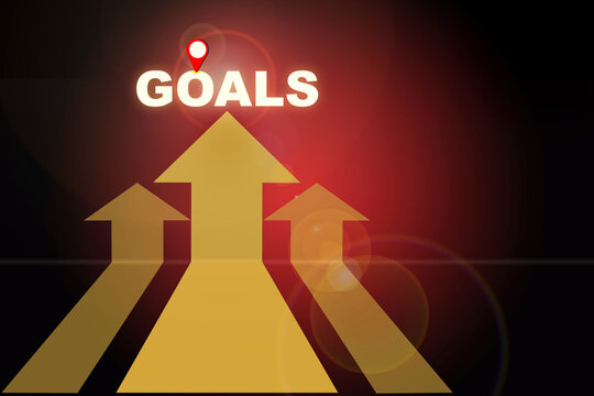Goals word with GPS pin and three Yellow arrow upward on red abstract background. Business challenge keep moving concept and planning idea