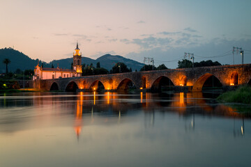 Illuminated Ponte de Lima bridge in Portugal