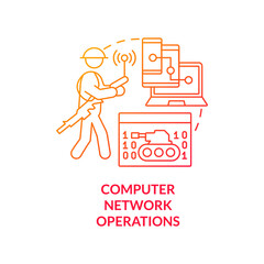 Computer network operations red gradient concept icon. Devices usage. Information operations abstract idea thin line illustration. Isolated outline drawing. Myriad Pro-Bold font used