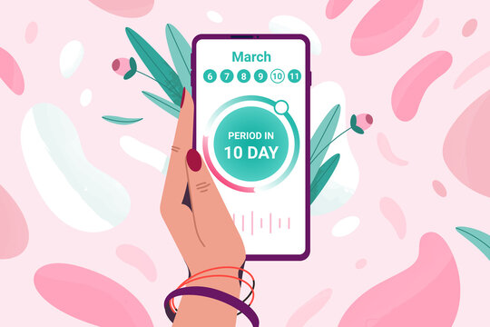 Flat tracker of menstrual period on calendar. Woman hand holding mobile phone to keep track of menstruation cycles. Girl monitoring ovulation or pregnancy period by tracking app on smartphone screen.