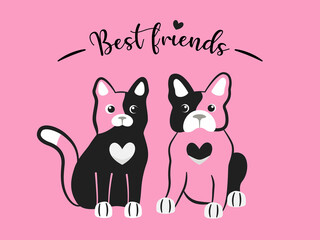Cat and dog together are best friends. Friendship of two cute cartoon pet characters. Pair of french bulldog and kitty with text. Cheerful vector illustration isolated on the pink background.