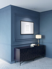 Classic interior in blue tones with an illuminated horizontal poster above an old black cabinet with a lamp and books on it, white parquet flooring, moldings on the walls. 3d render