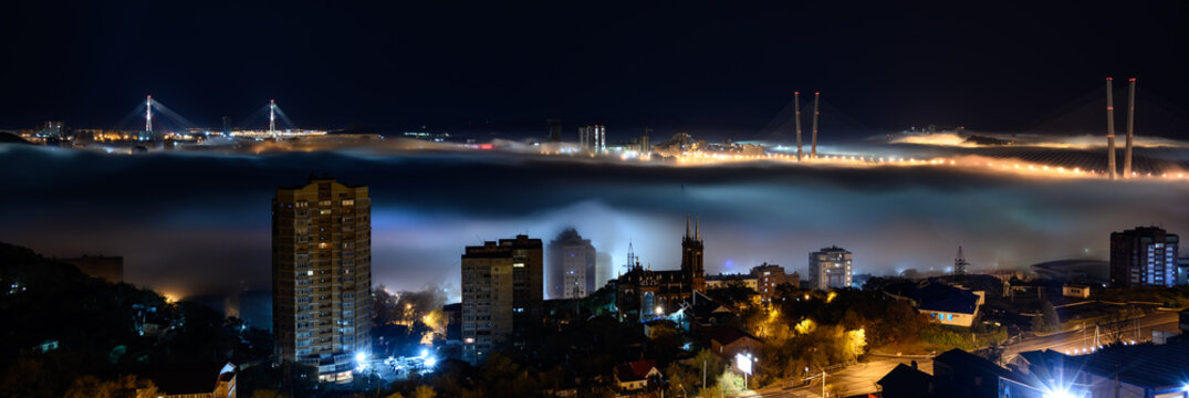 Cityscape night view. Fog over the city.