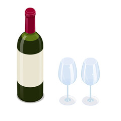 Green glass red wine bottle and two clean glasses isometric illustration