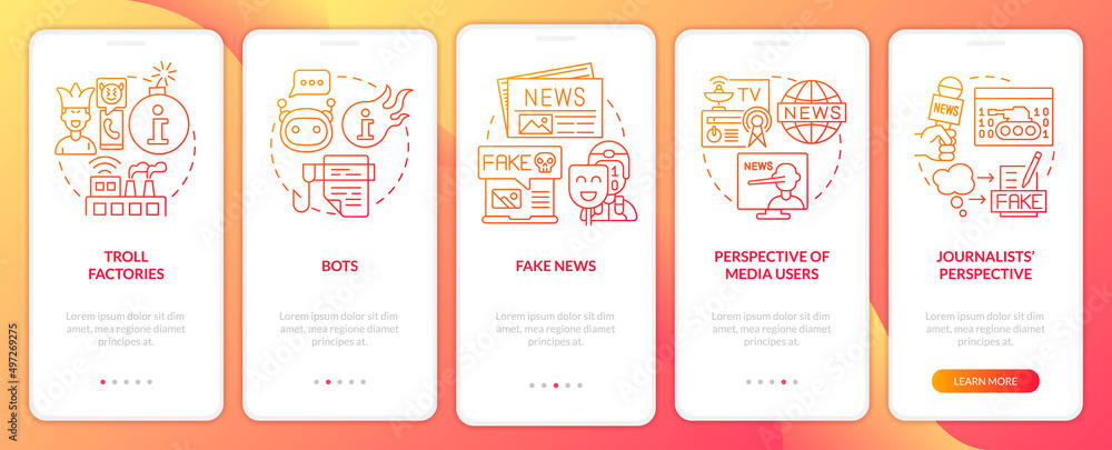 Poster information war over internet red gradient onboarding mobile app screen. walkthrough 5 steps graphic
