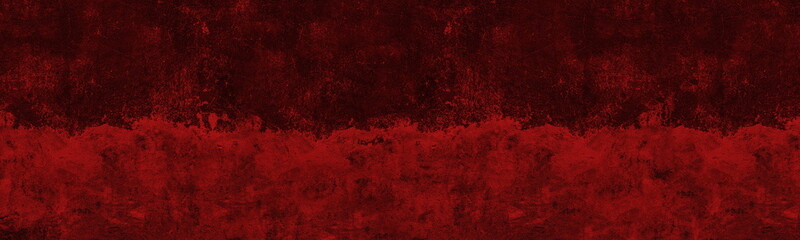 Bloody red concrete wall with old peeling paint surface wide texture. Dark scarlet colour gloomy backdrop. Abstract grunge sinister background