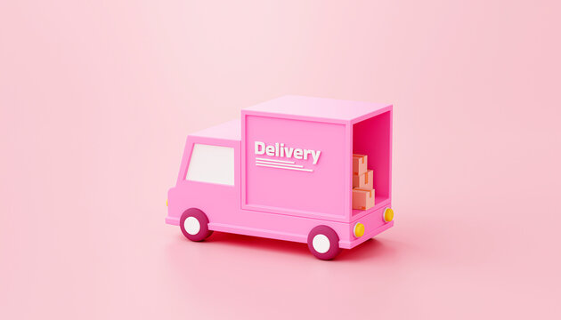 Pink delivery car deliver express with cardboard boxes cartoon shipping and transportation concept on Pink background 3d rendering
