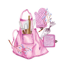 Obraz premium Baking watercolor illustration with kitchen utensils inside a pink apron on white background. Top view. Hand drawn Cooking clip art. Baking concept