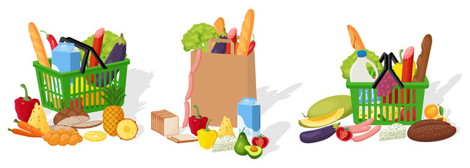 A set with paper bags and baskets from the supermarket for food.Vector illustration of a paper bag for a supermarket with food from a supermarket.