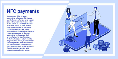 NFC payments.People use the phone when paying for purchases and other payments.The illustration in the style of the landing page is blue.