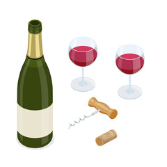 Open bottle of green glass red wine, two full glasses, a corkscrew and a cork