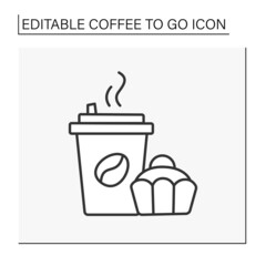 Hot drink line icon. Morning coffee in paper cup and baking. Delivery hand by hand.Coffee to go concept. Isolated vector illustration. Editable stroke